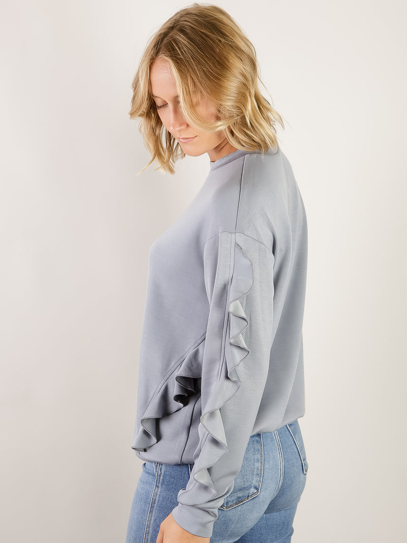 Blue Ruffled Sleeve Crewneck Longsleeve