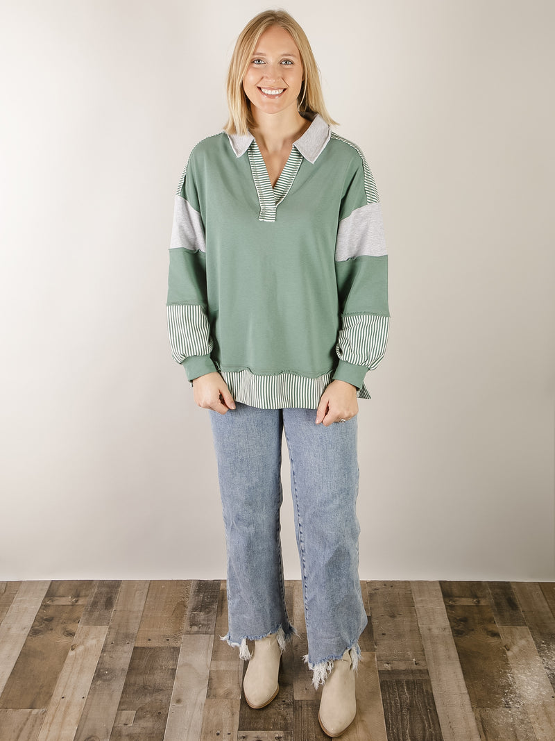 Sage Color Blocked Collared Long Sleeve