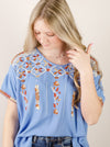 Blue Woven Fabric Embroidered Top