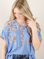 Blue Woven Fabric Embroidered Top