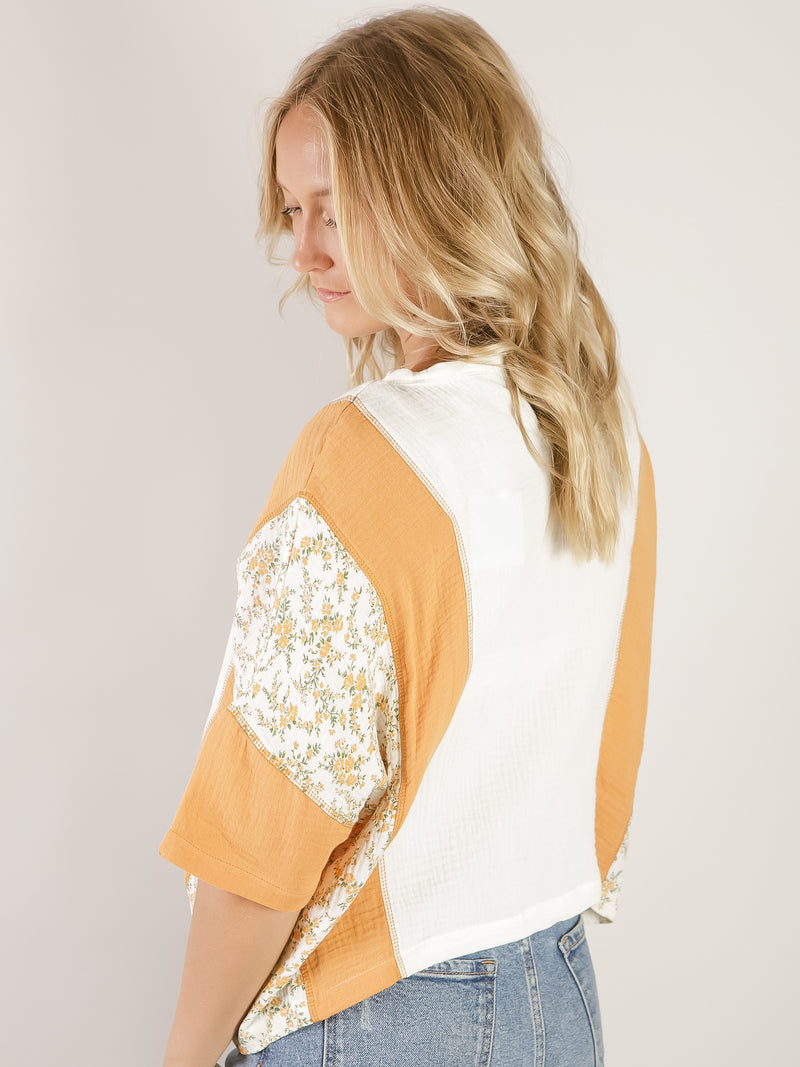 Apricot Ditsy Floral Color Block Tee