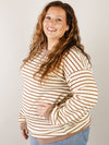 Curvy Cream and Tan Striped Textured Crewneck Top