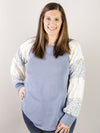 Curvy Blue French Terry Top with Lace and Floral Sleeve