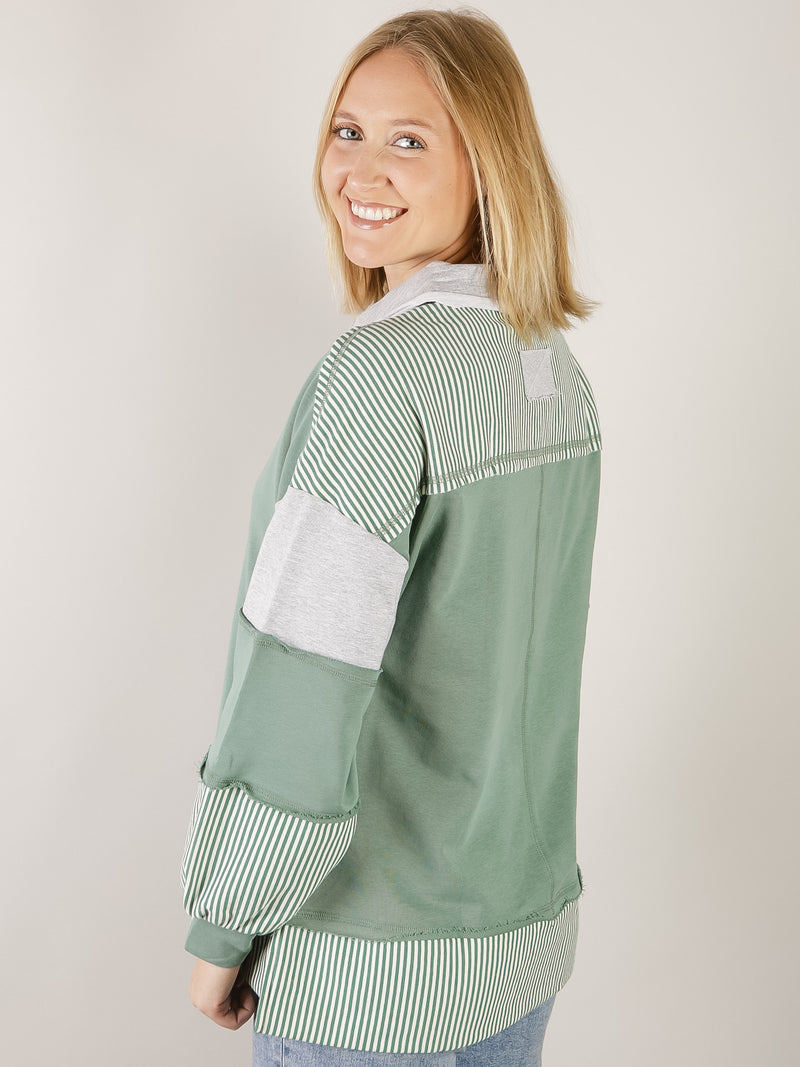 Sage Color Blocked Collared Long Sleeve