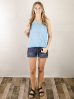 Sleeveless Ocean Blue Waffle Button Top