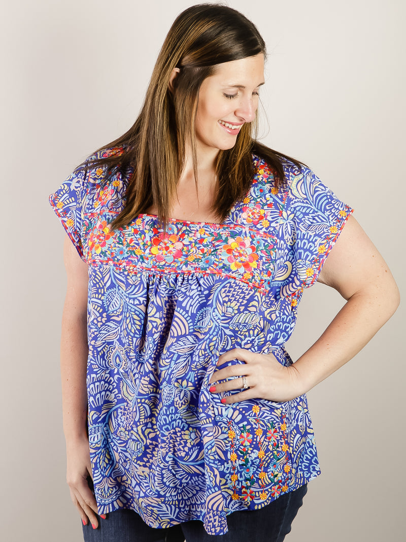 Curvy Royal Blue Print Blouse with Embroidery