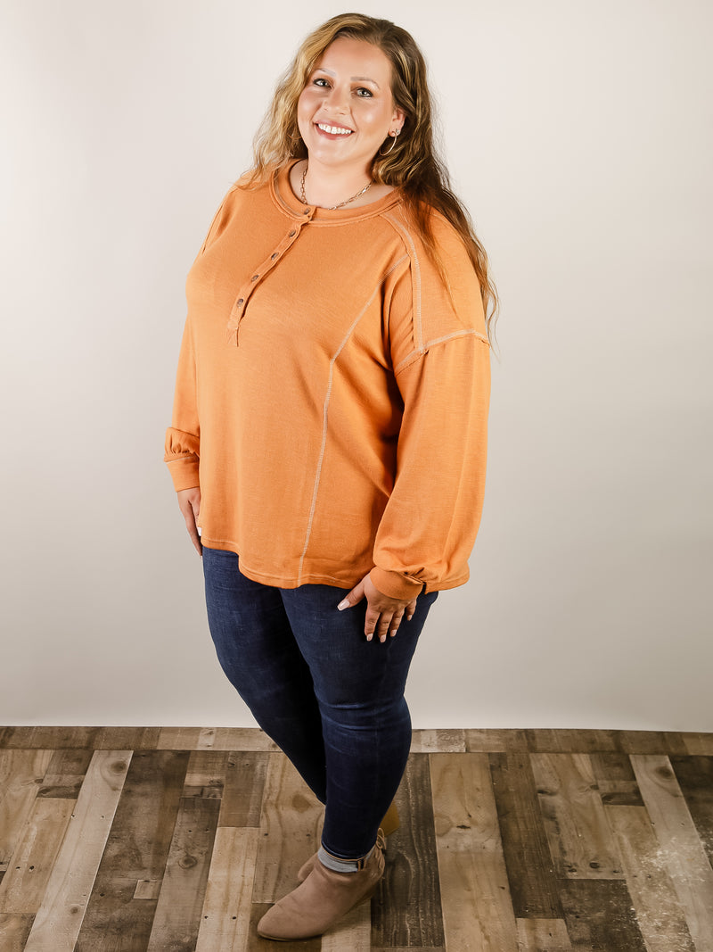 Curvy Rust Contrast Stitch Henley Top