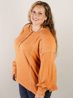 Curvy Rust Contrast Stitch Henley Top