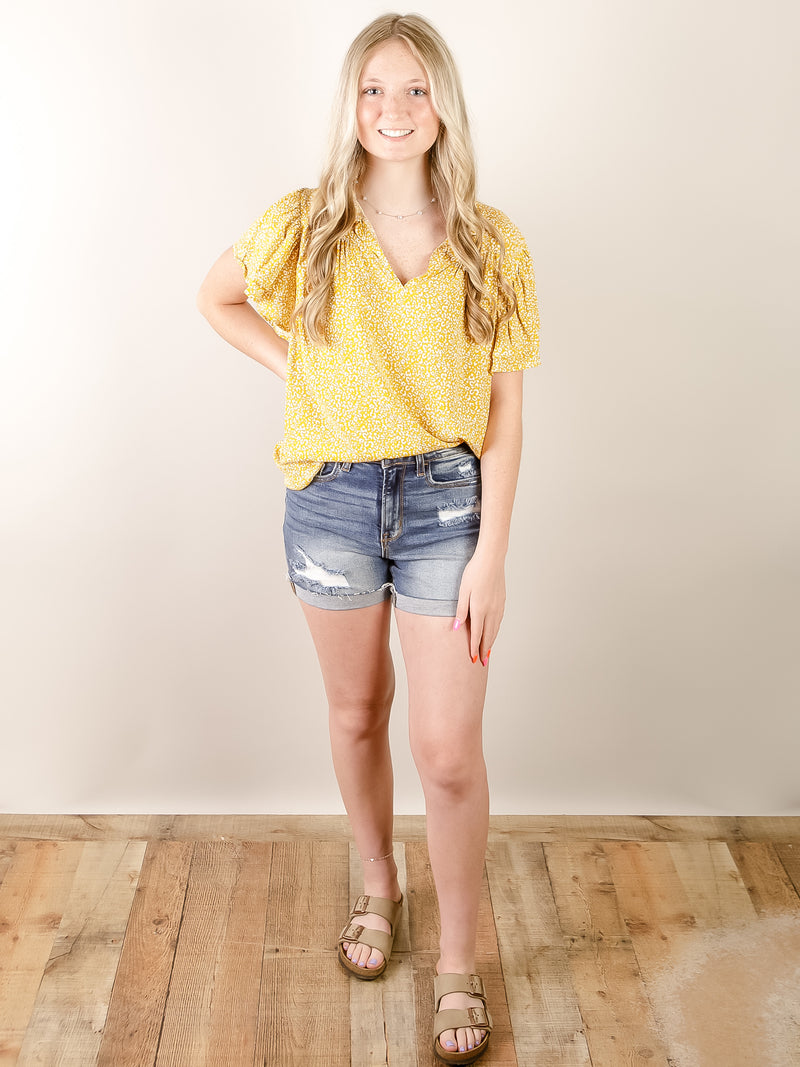 Mustard Animal Print Short Sleeve Blouse