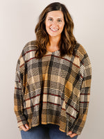 Curvy Camel and Black Plaid V-Neck Loose Fitting Top