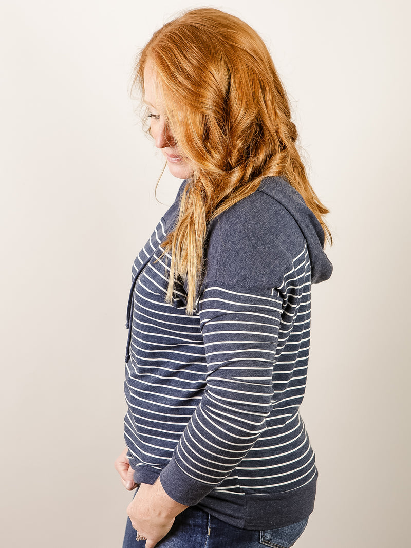 Navy Striped Hooded Knit Top