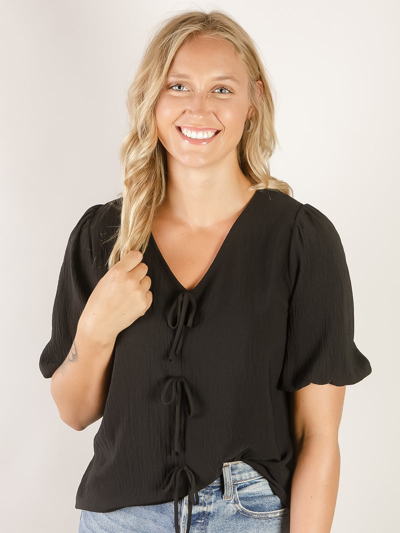 Black Short Sleeve Blouse with Bows