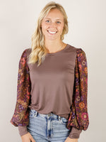 Solid Espresso Top with Floral Sleeves