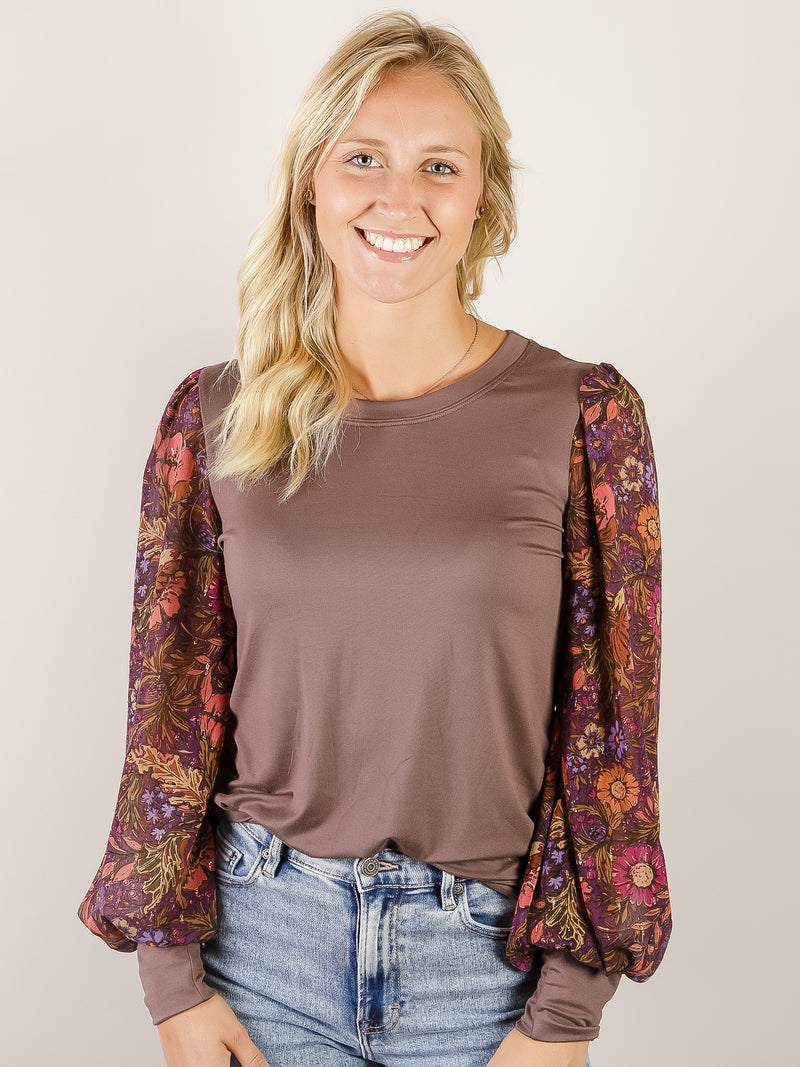 Solid Espresso Top with Floral Sleeves