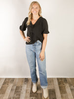 Black Short Sleeve Blouse with Bows
