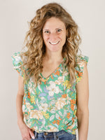 Kelly Green Floral V-Neck Blouse