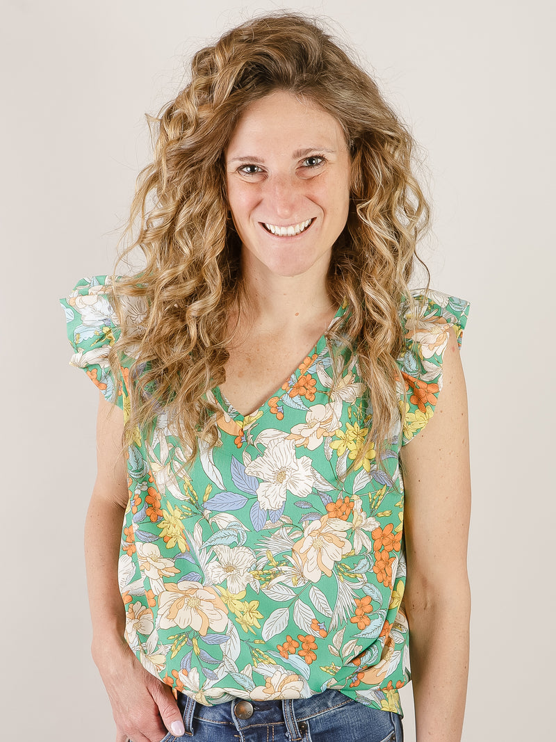 Kelly Green Floral V-Neck Blouse