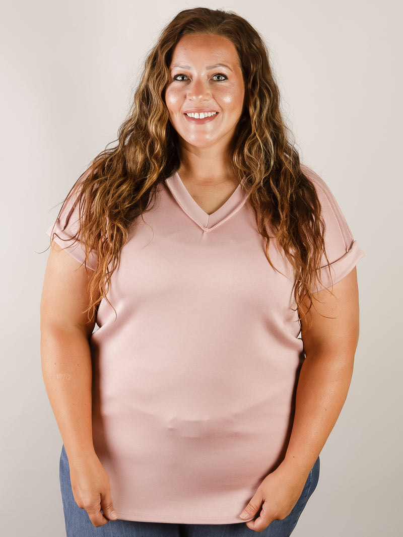 Curvy Dusty Pink Short Sleeve V-Neck Tee