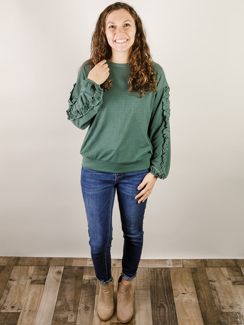 Hunter Green Ruffled Sleeve Knit Top