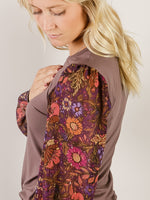 Solid Espresso Top with Floral Sleeves