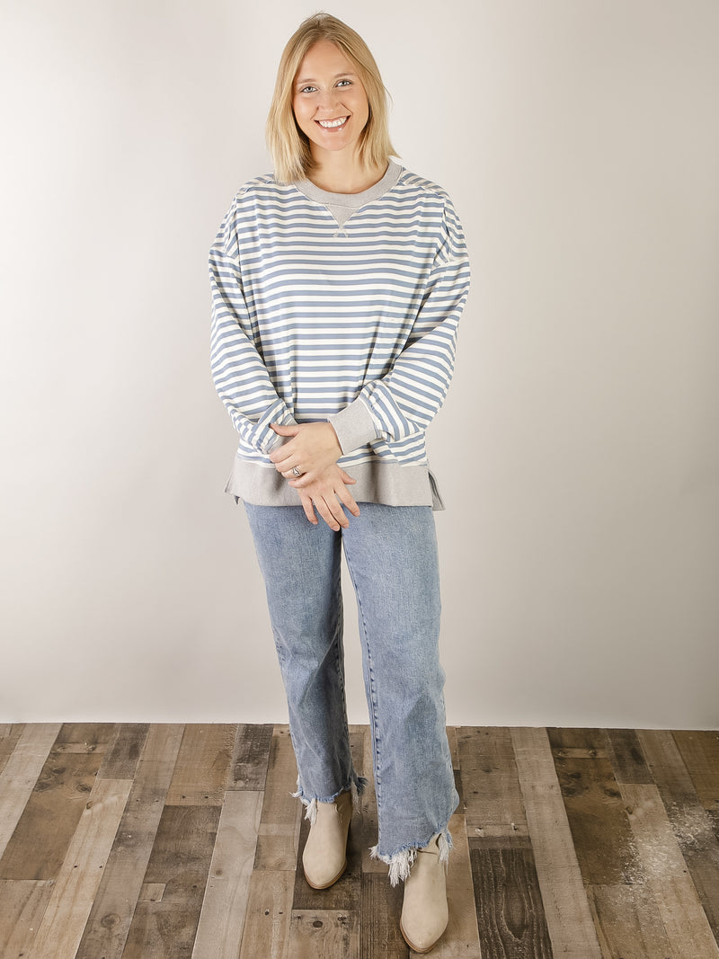 Denim and Cream Striped Long Sleeve Top
