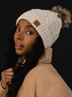 Beige Cable Knit Hat with Natural Pom