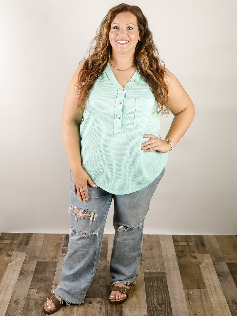 Curvy Sleeveless Mint Waffle Button Top