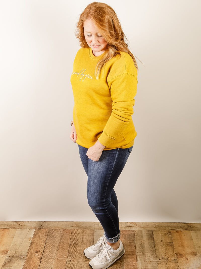 Heather Mustard Saved By Grace Graphic Sweatshirt