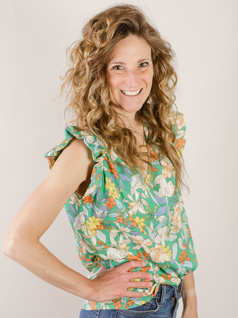 Kelly Green Floral V-Neck Blouse