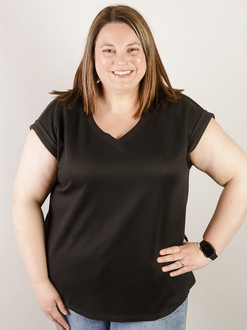 Curvy Black Thermal V-neck Short Sleeve