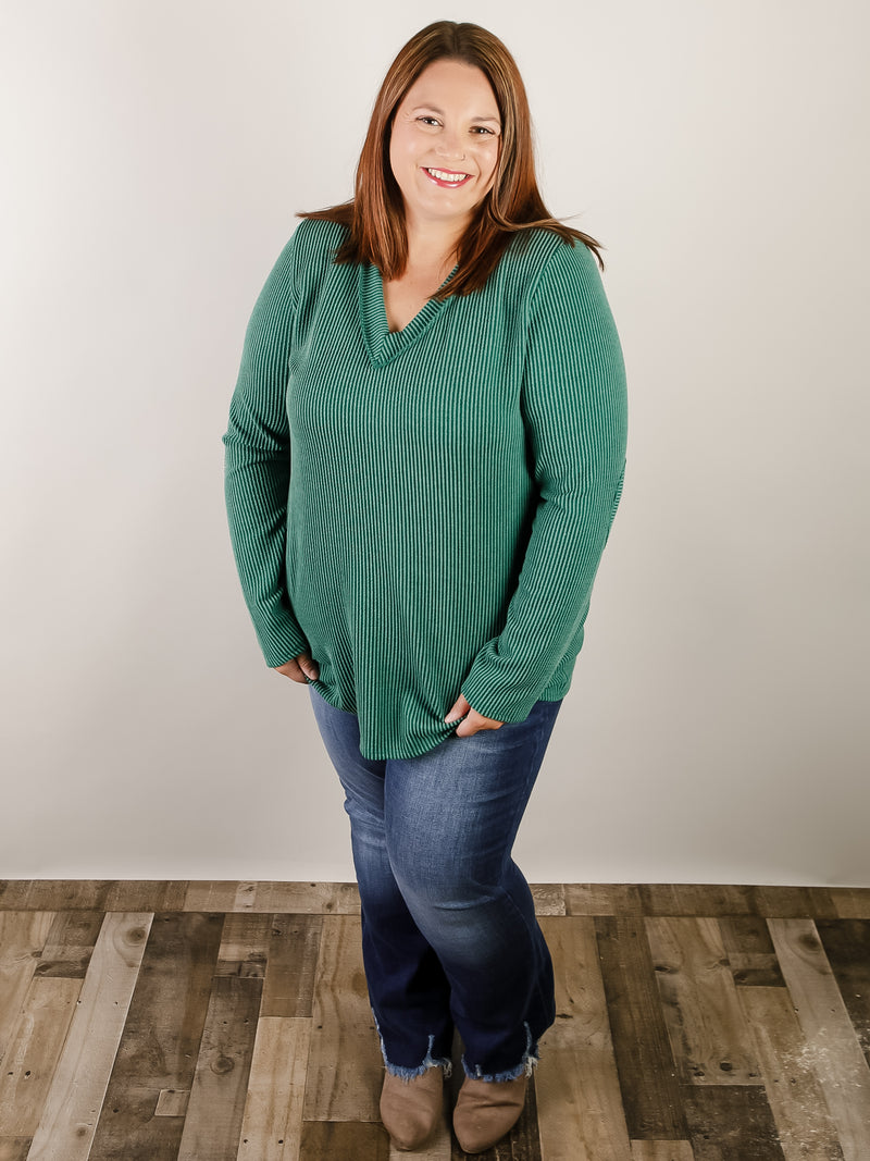 Curvy Hunter Green Ribbed Vneck Long Sleeve