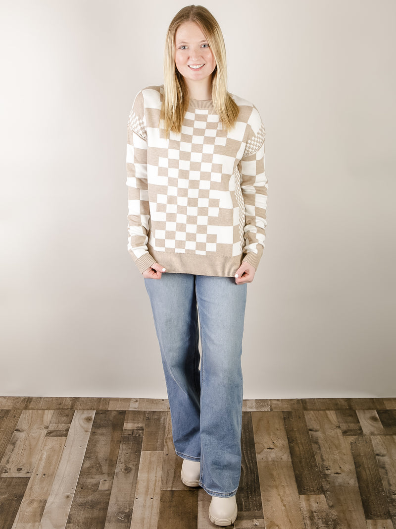 Tan and White Checkered Crewneck