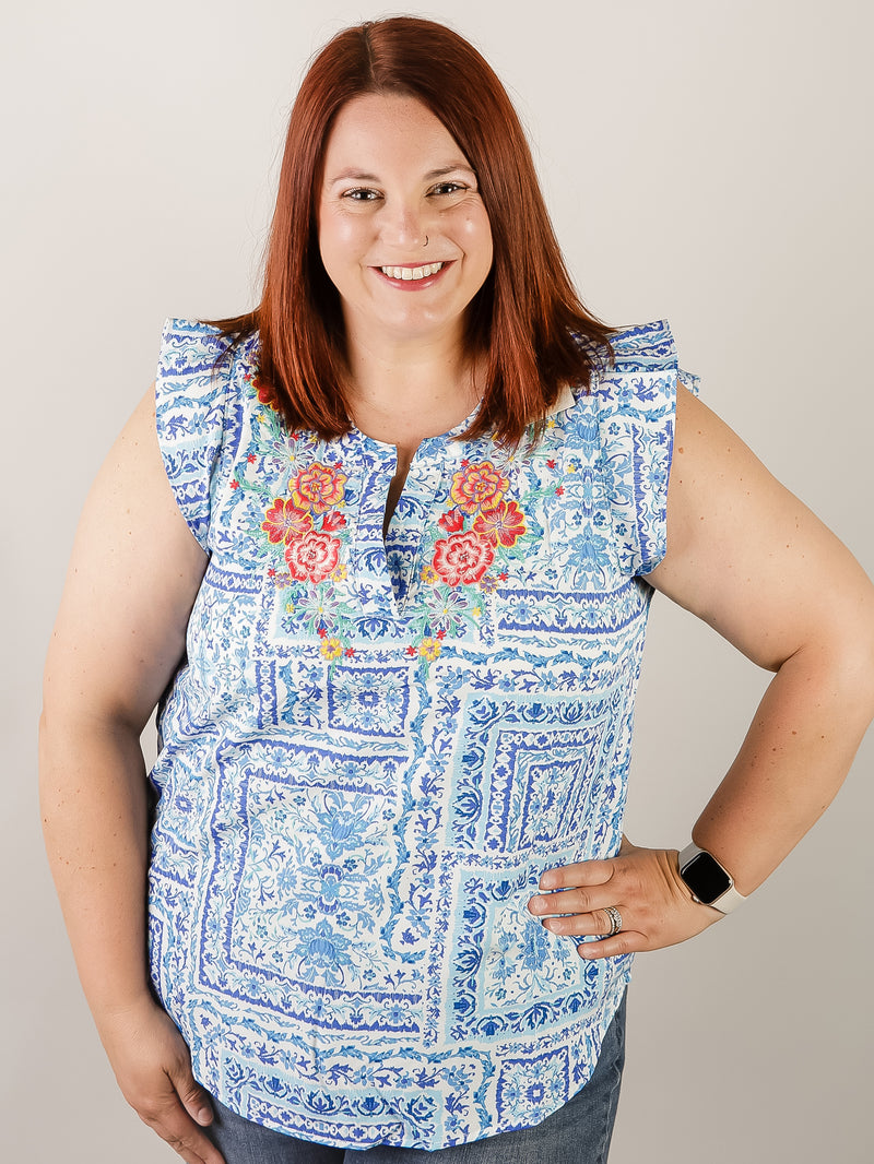 Royal Blue Print Top with Embroidery