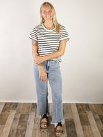 Ivory and Black Striped Knit Short Sleeve