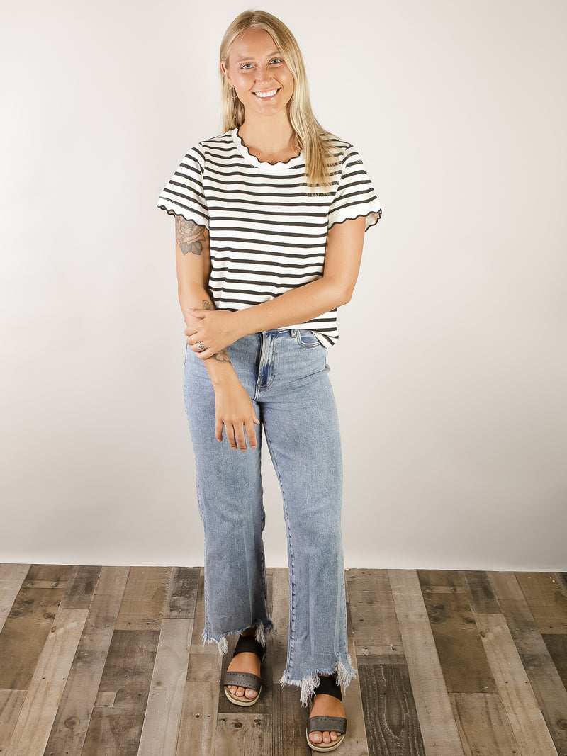 Ivory and Black Striped Knit Short Sleeve