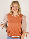 Rust Textured Print Top with Bow Sleeves