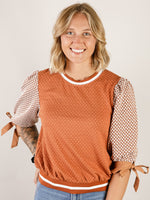Rust Textured Print Top with Bow Sleeves