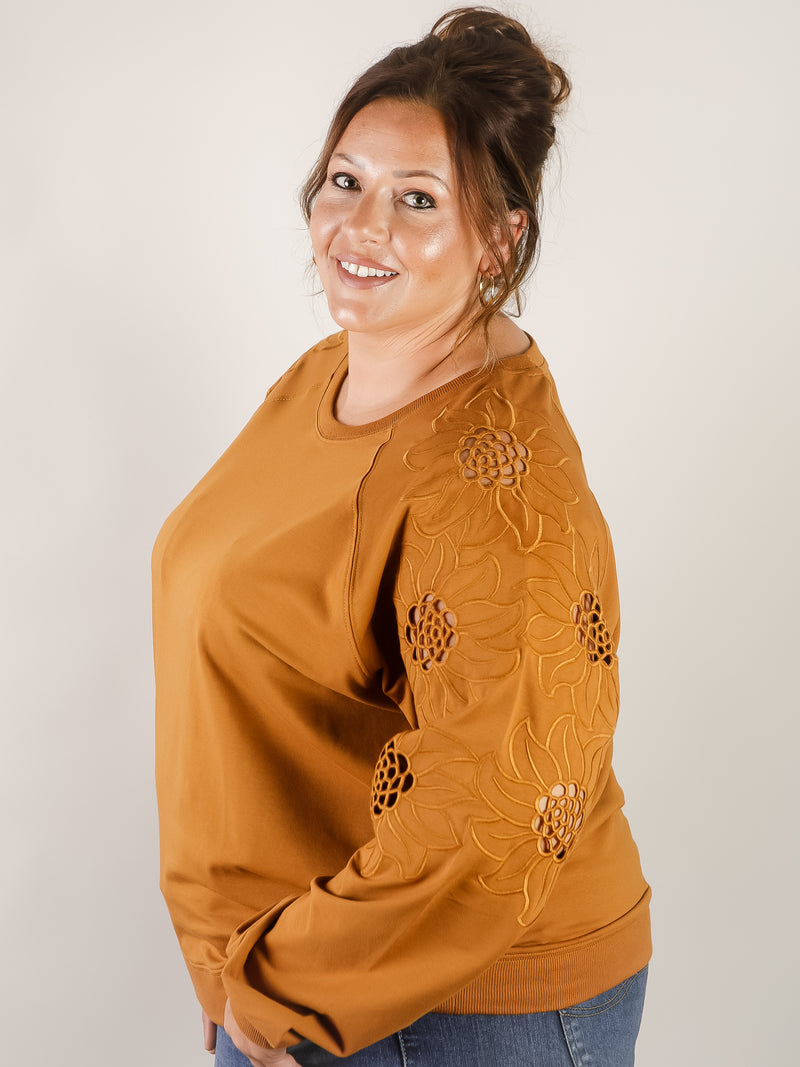 Curvy Camel Pullover with Embroidered Sleeve
