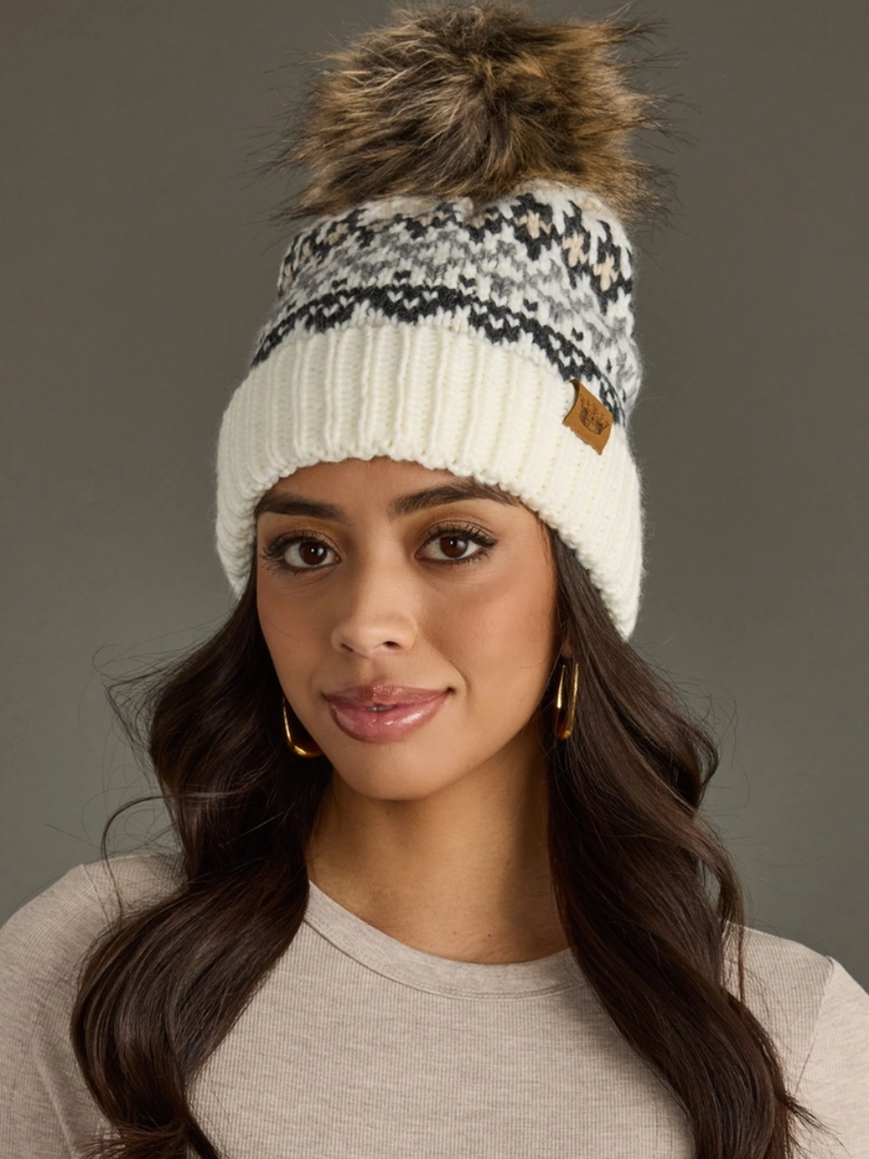 Ivory, Gray & Tan Winter Pattern Pom Hat
