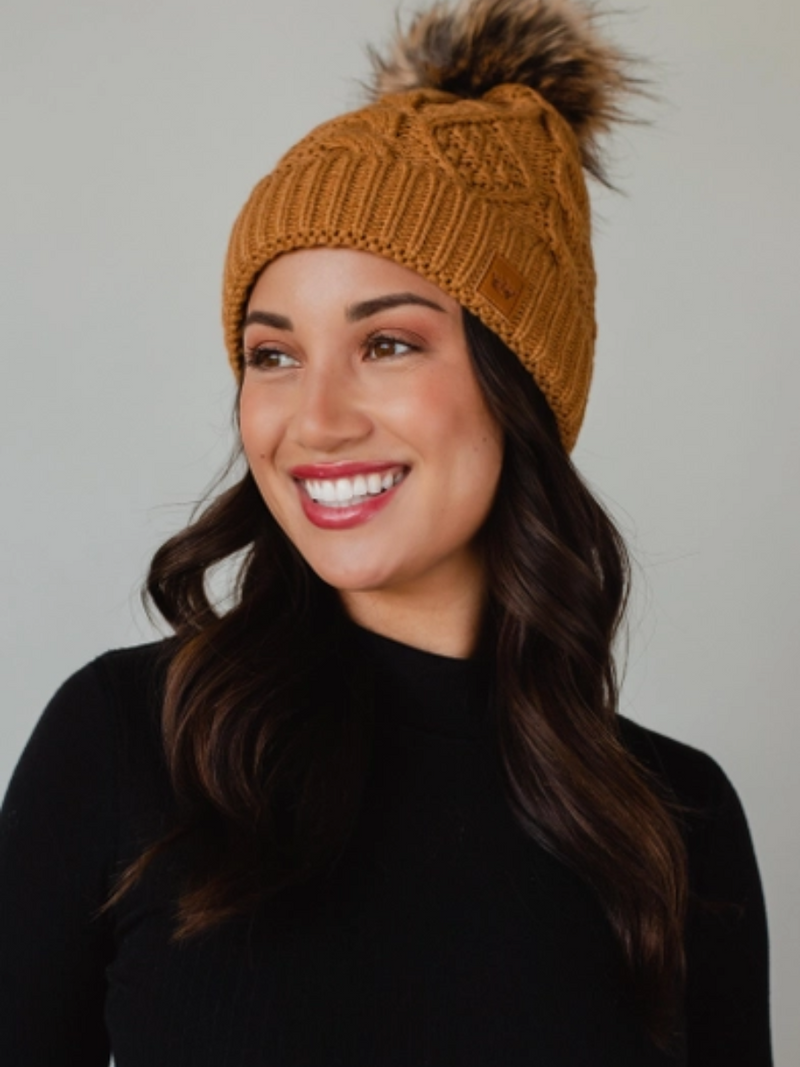 Camel Cable Knit Hat with Natural Pom