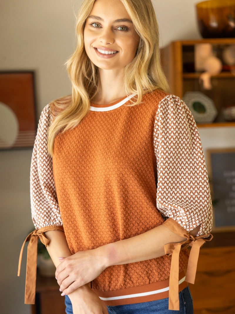 Rust Textured Print Top with Bow Sleeves