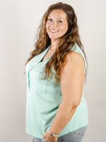Curvy Sleeveless Mint Waffle Button Top