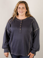 Curvy Dark Denim Contrast Stitch Henley Top