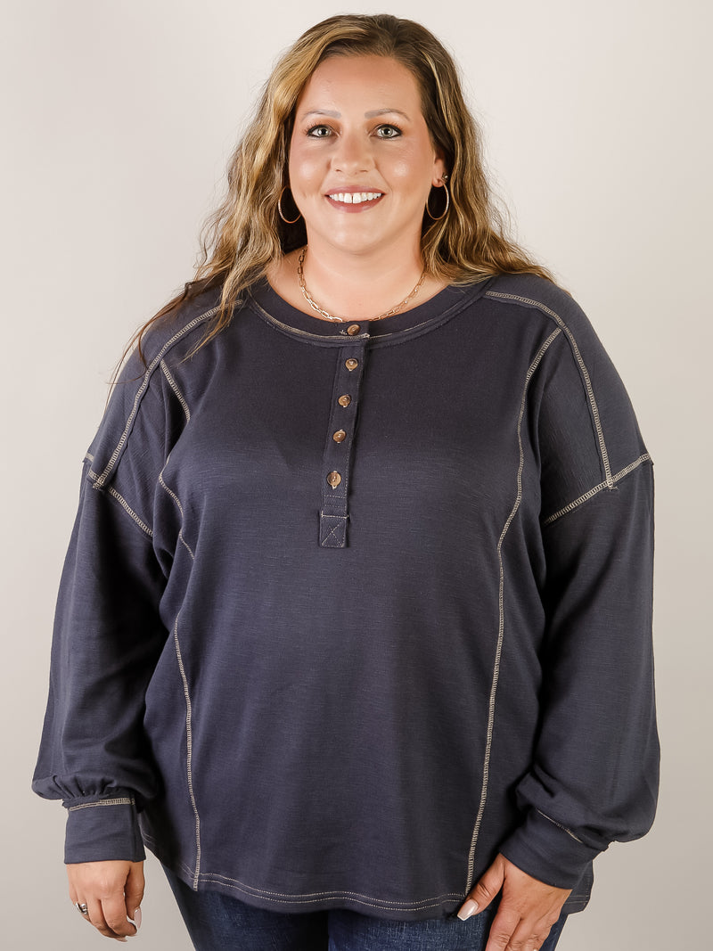 Curvy Dark Denim Contrast Stitch Henley Top