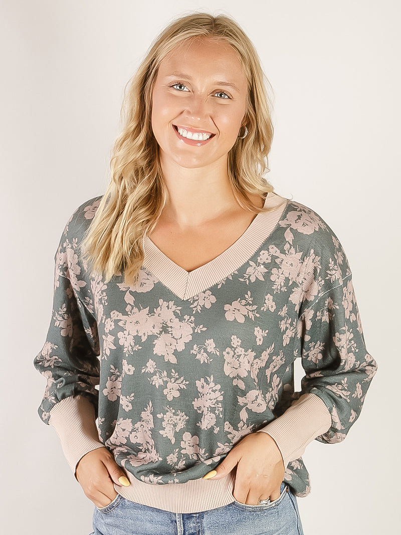 Deep Sage Floral V-Neck Long Sleeve Top