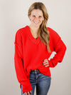 Oversized Red V-Neck Thick Sweater