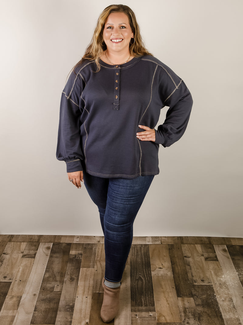 Curvy Dark Denim Contrast Stitch Henley Top