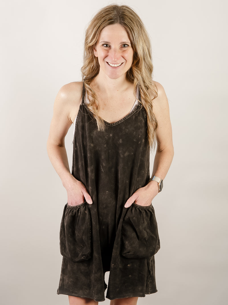 Black Mineral Washed Knit Romper