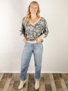 Deep Sage Floral V-Neck Long Sleeve Top