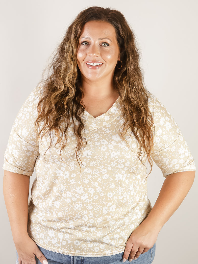 Light Yellow Floral V-Neck Short Sleeve